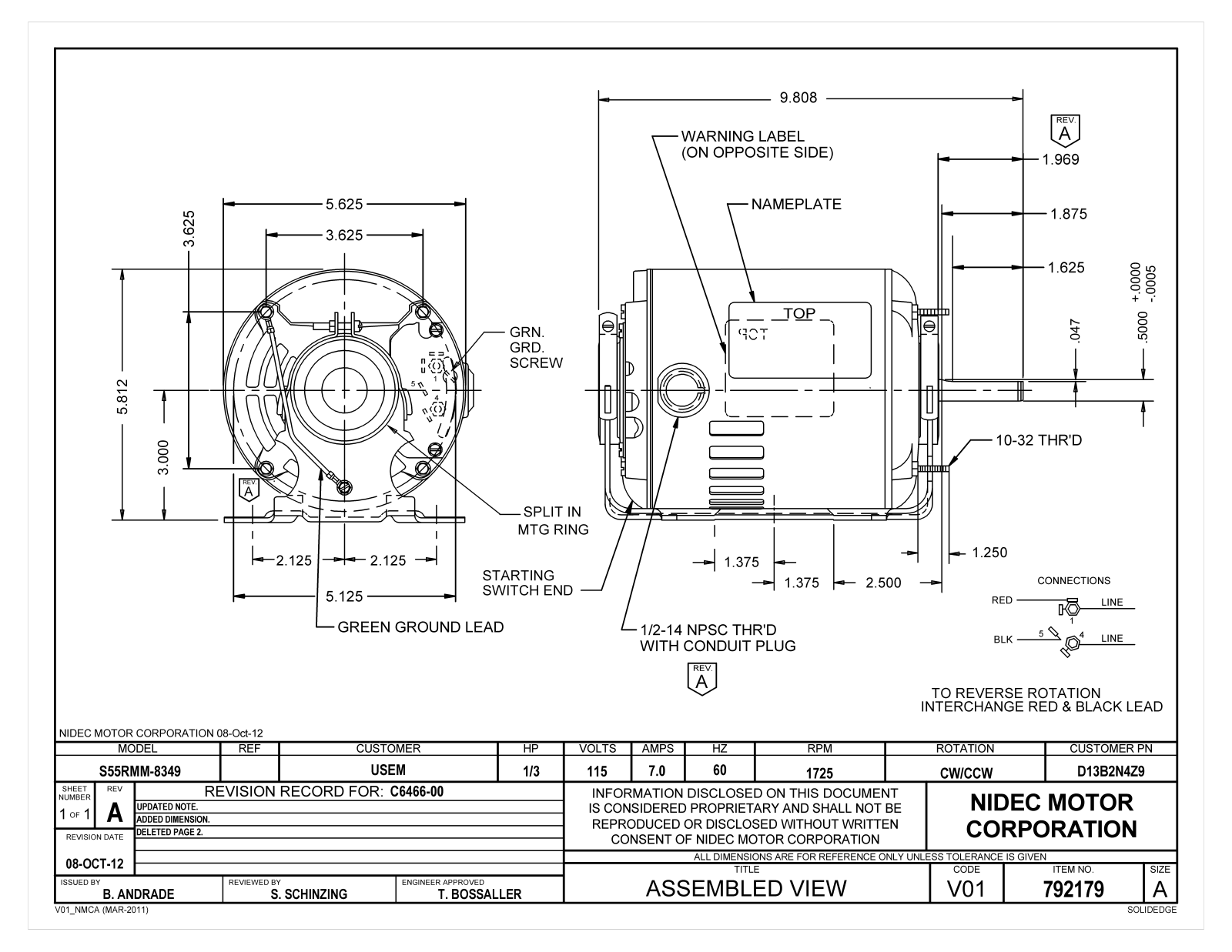 US Motors D13B2N4Z9 Dimensional Sheet