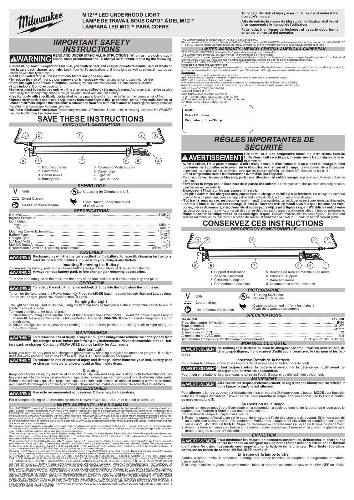 Milwaukee M12 2125-20 Operator's Manual