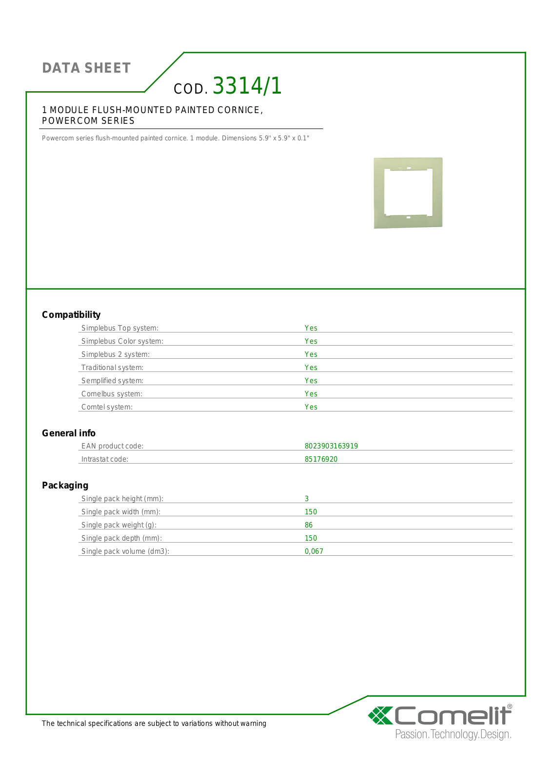 Comelit 3314-1 Specsheet