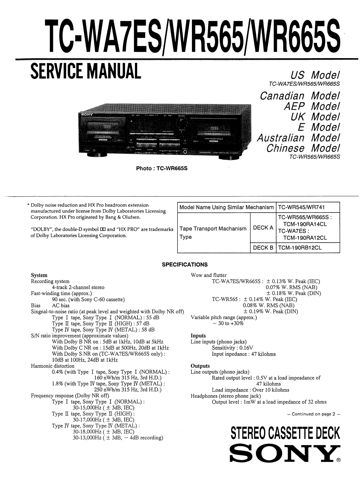 Sony TCWA-7-ES, TCWR-565, TCWR-665-S Service manual
