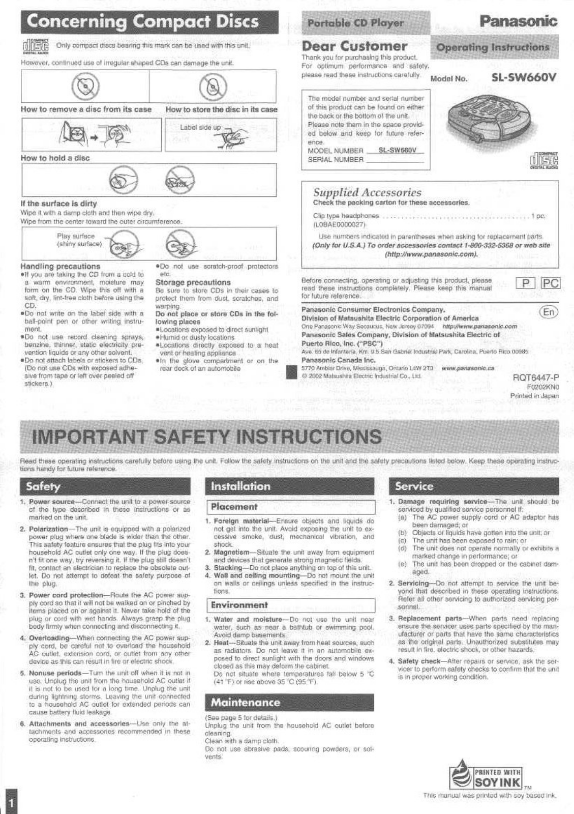 Panasonic SL-SW660V Operating Instruction