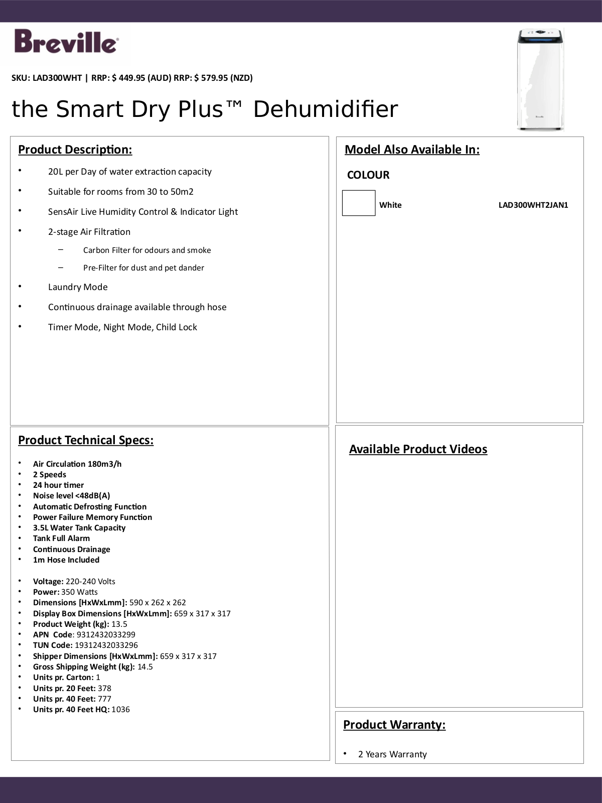 Breville LAD300WHT Specifications Sheet