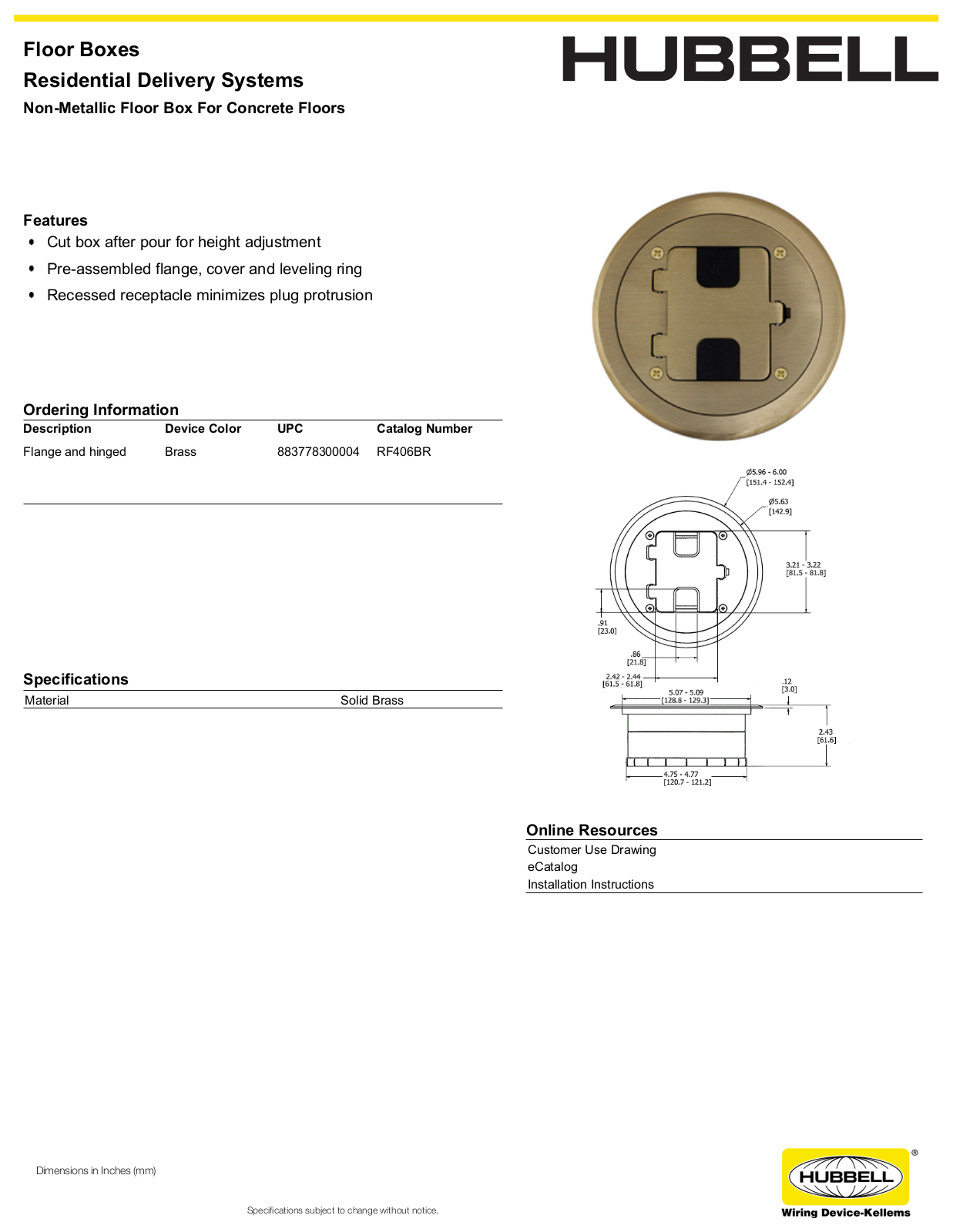 Hubbell RF406BR Specifications