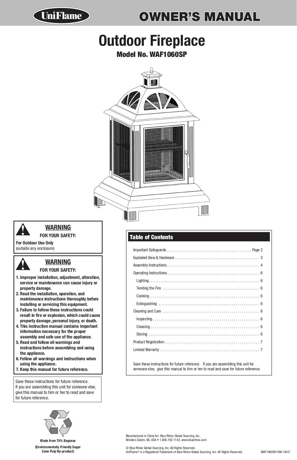 Uniflame WAF1060SP Owner's Manual