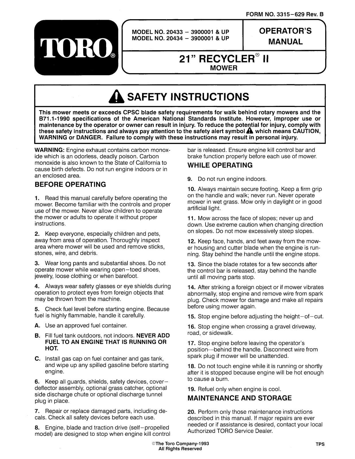 Toro 20433, 20434 Operator's Manual