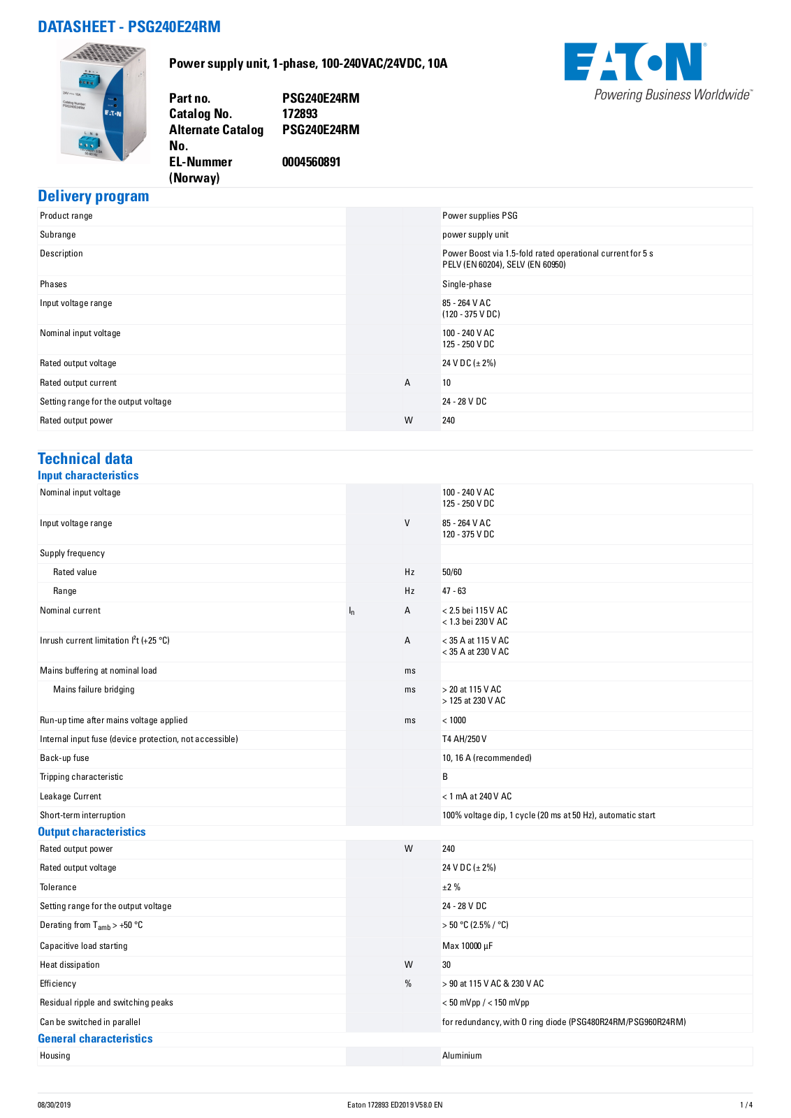 Cutler Hammer, Div of Eaton Corp PSG240E24RM Data Sheet