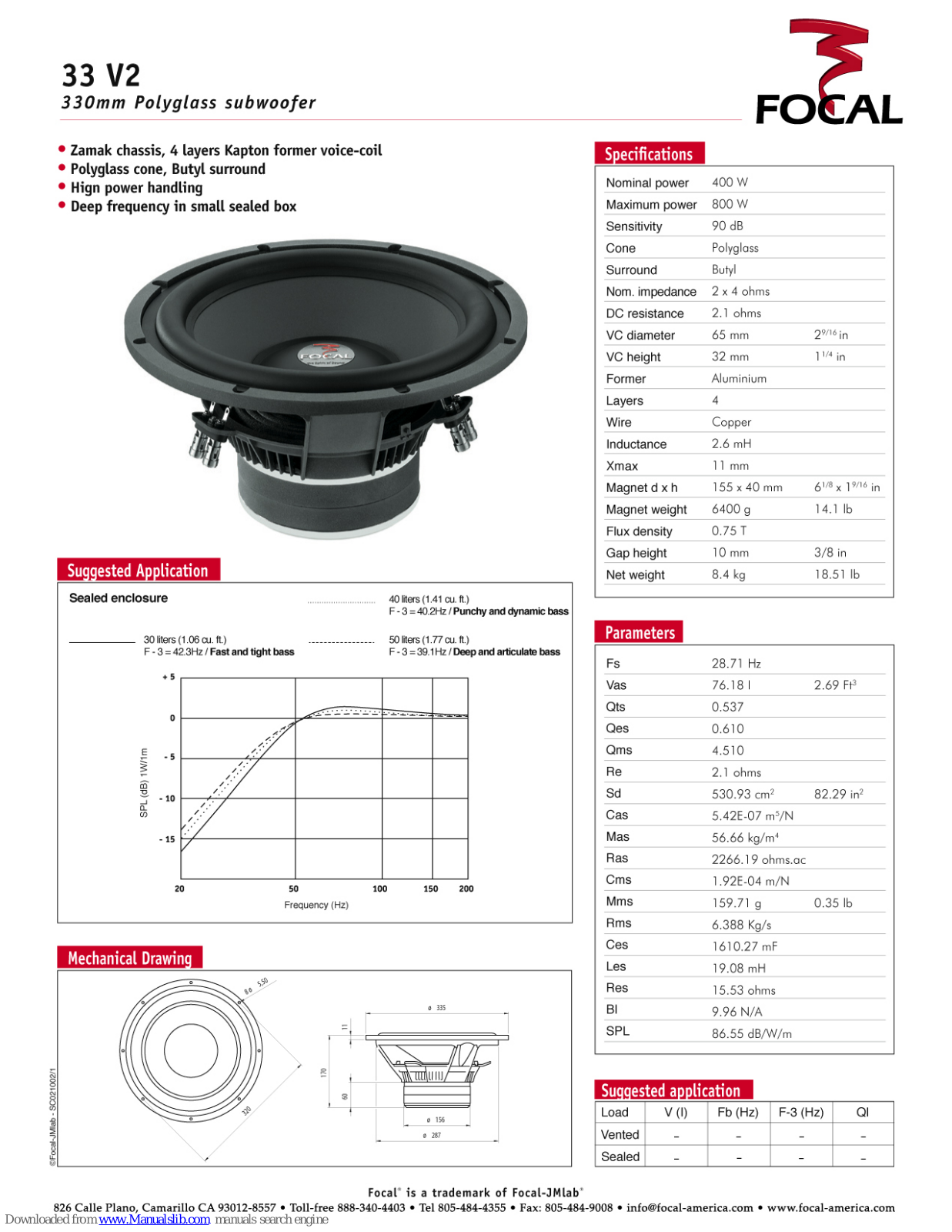 Focal Polyglass 33 V2 Specification Sheet - ManualMachine.com