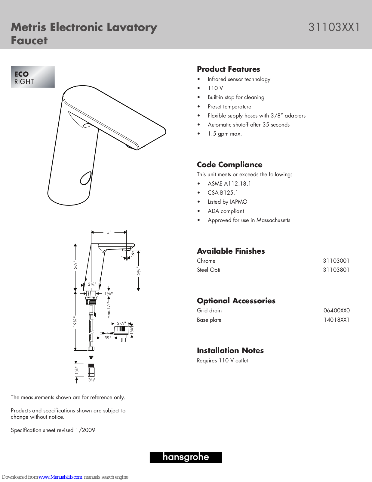 Grohe 14018XX1, Steel Optil 31103801, Metris 31103001, Metris 31103801 Specification Sheet - ManualMachine.com