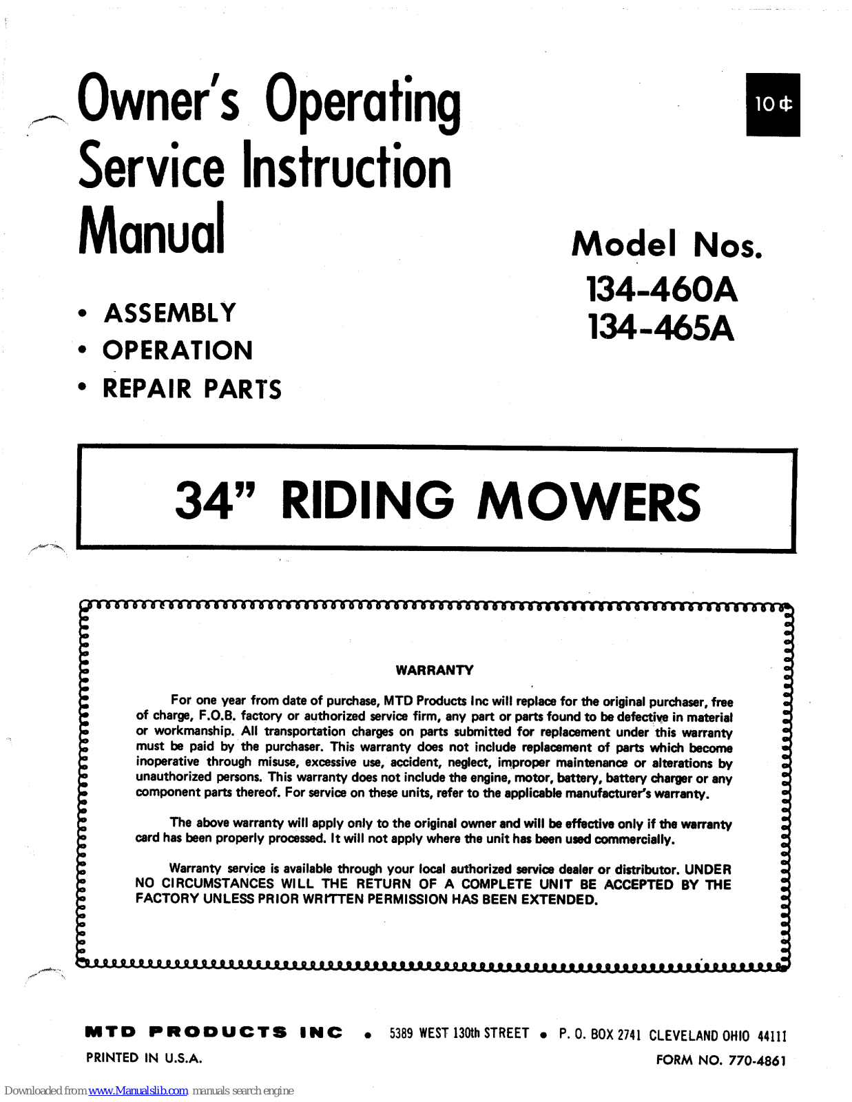 MTD 134-460A, 134-465A Owner's Operating Service Instruction Manual