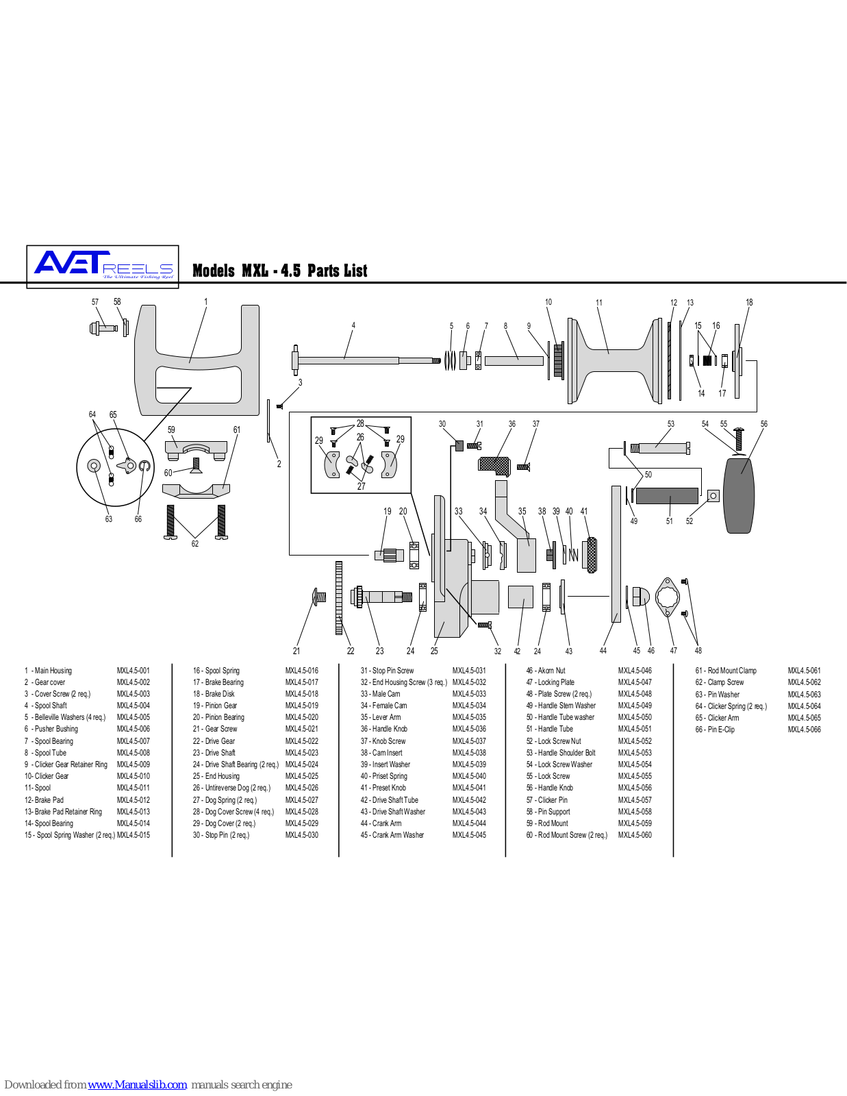 Avet Reels Fishing Reel MXL - 4.5 Parts List