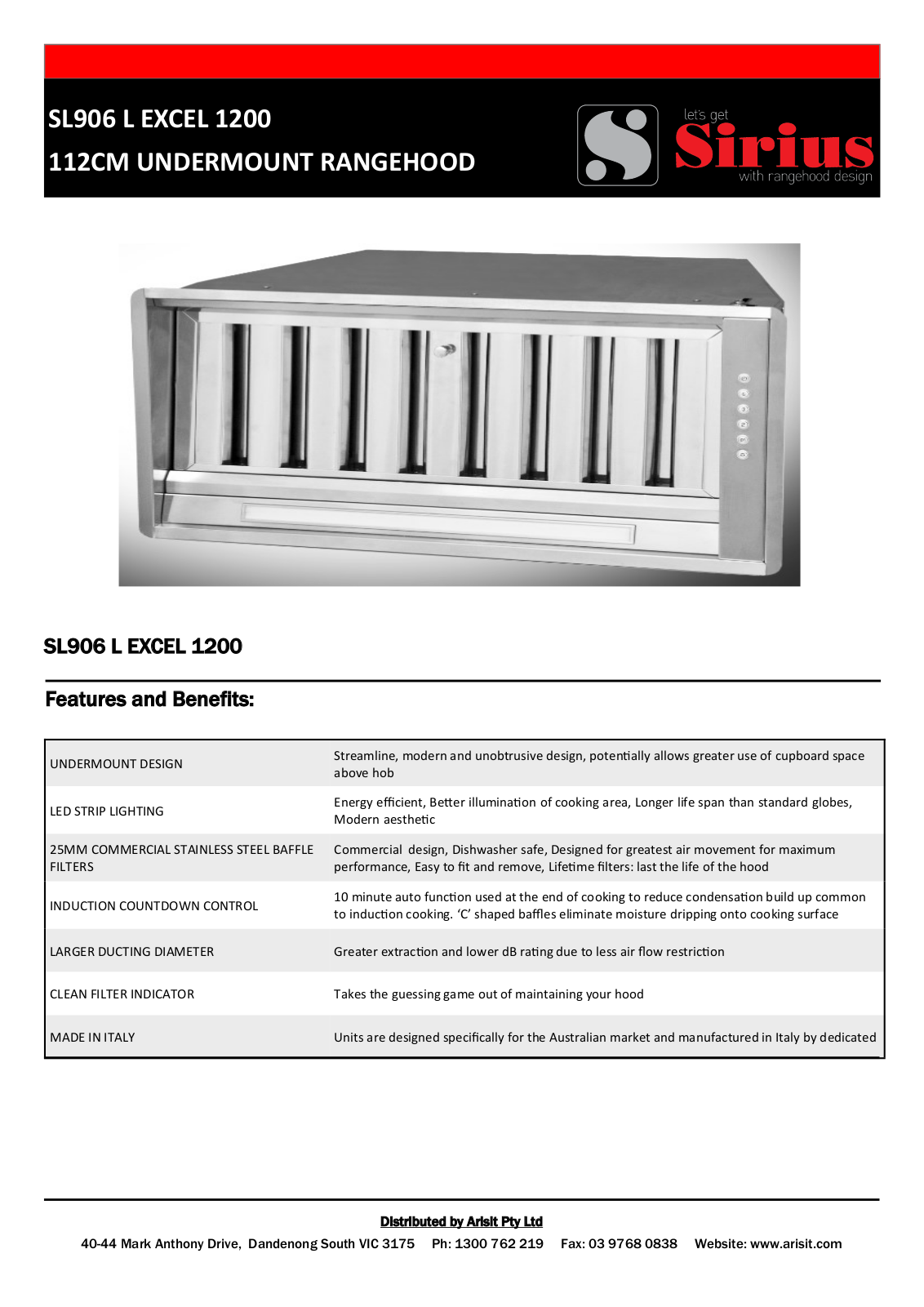 Sirius SL906LEXCEL1200R Specifications Sheet