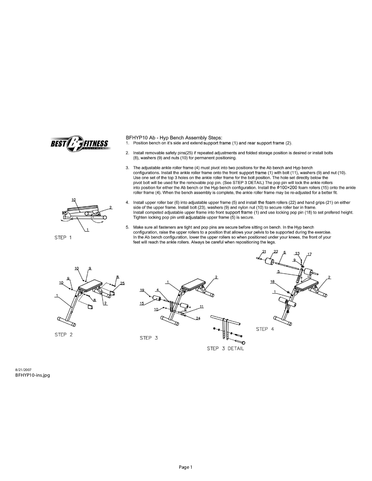 Body Solid BFHYP10 User Manual