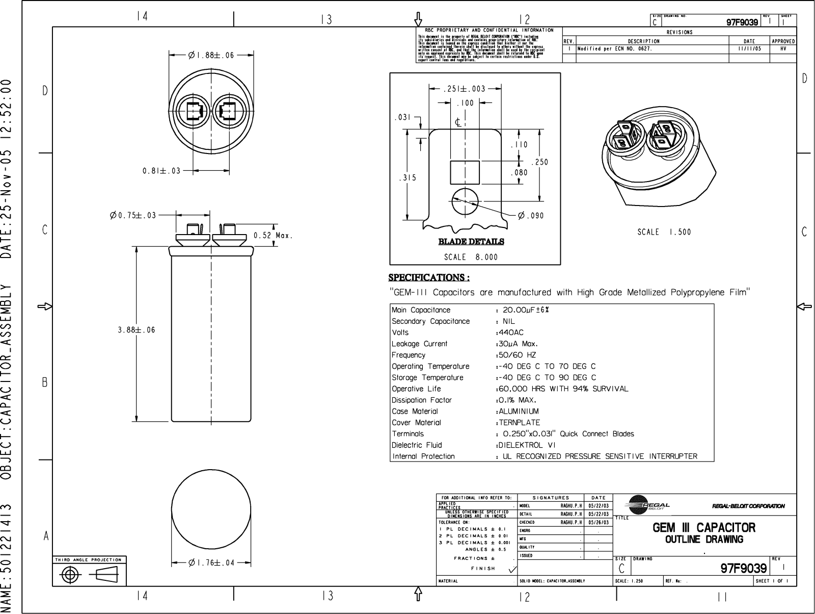 GE Capacitor 97F9039 Dimensional Sheet