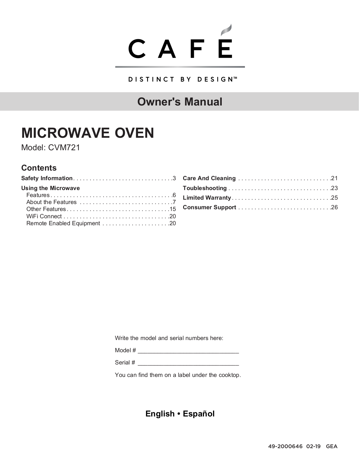 Cafe CVM721 Owner's Manual