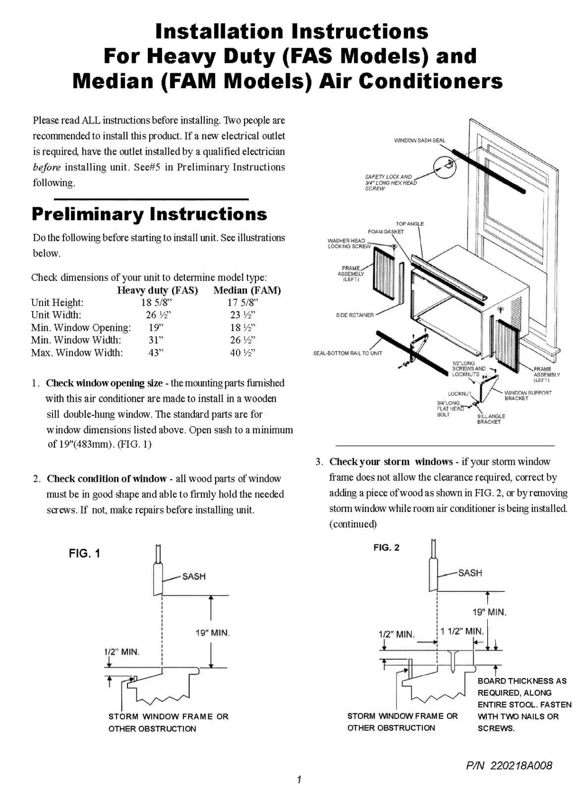 Frigidaire FAM157Q1A1, FAM157Q1A2, FAM187Q2A3, FAM187Q2A4, FAS257Q2A1 Installation Guide
