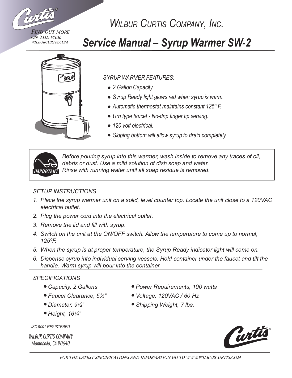 Wilbur Curtis Company SW-2 Service Manual