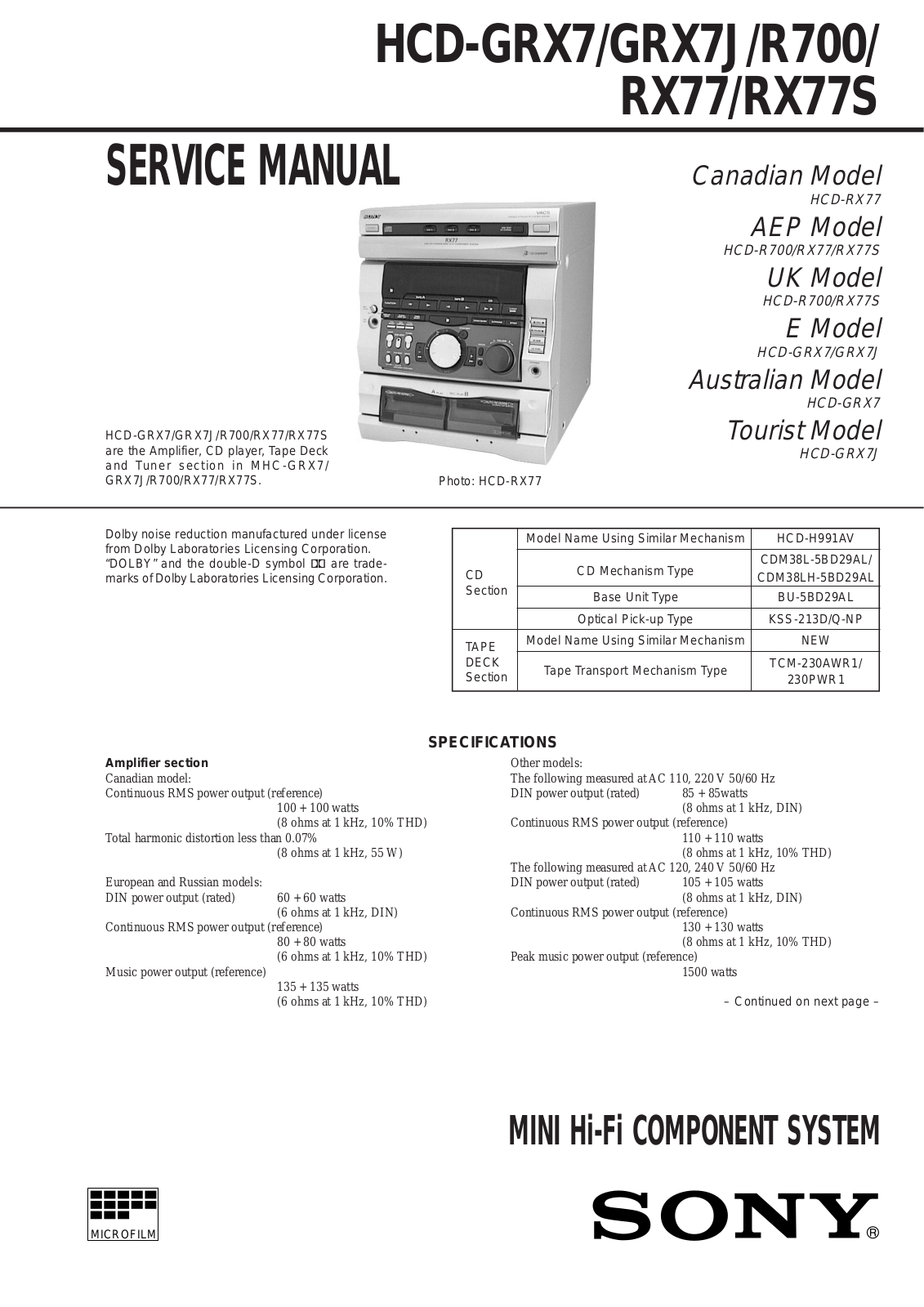 Sony HCDRX-77-S Service manual