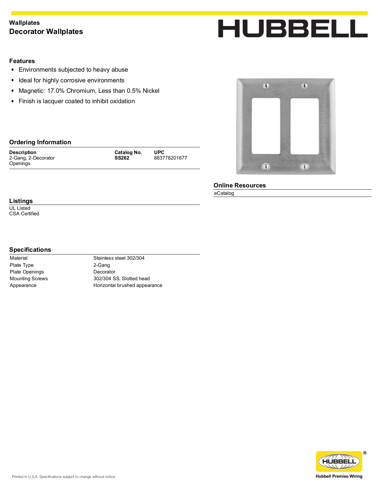 Hubbell SS262 Specifications