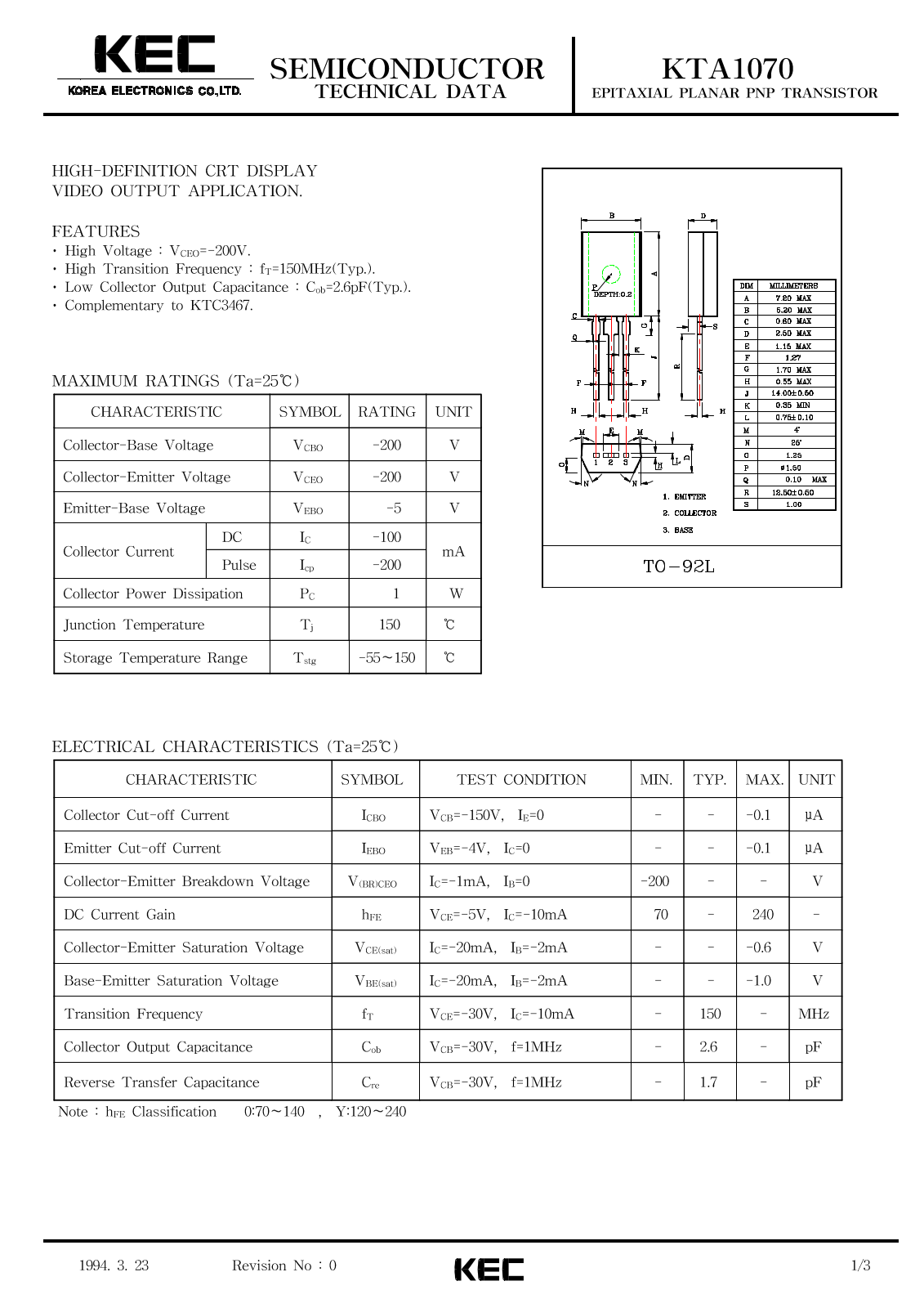 KEC KTA1070 Datasheet