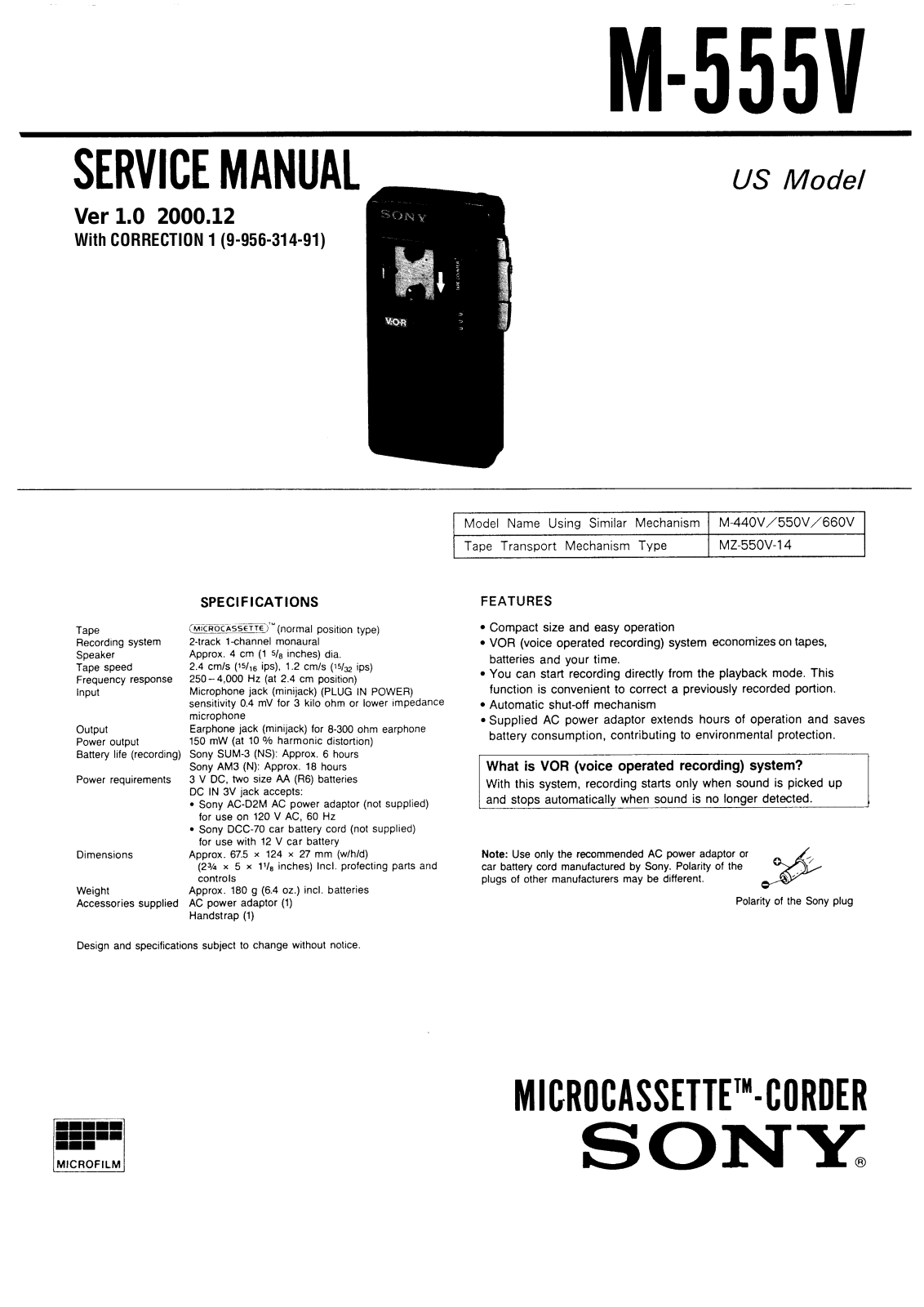 Sony M-555-V Service manual