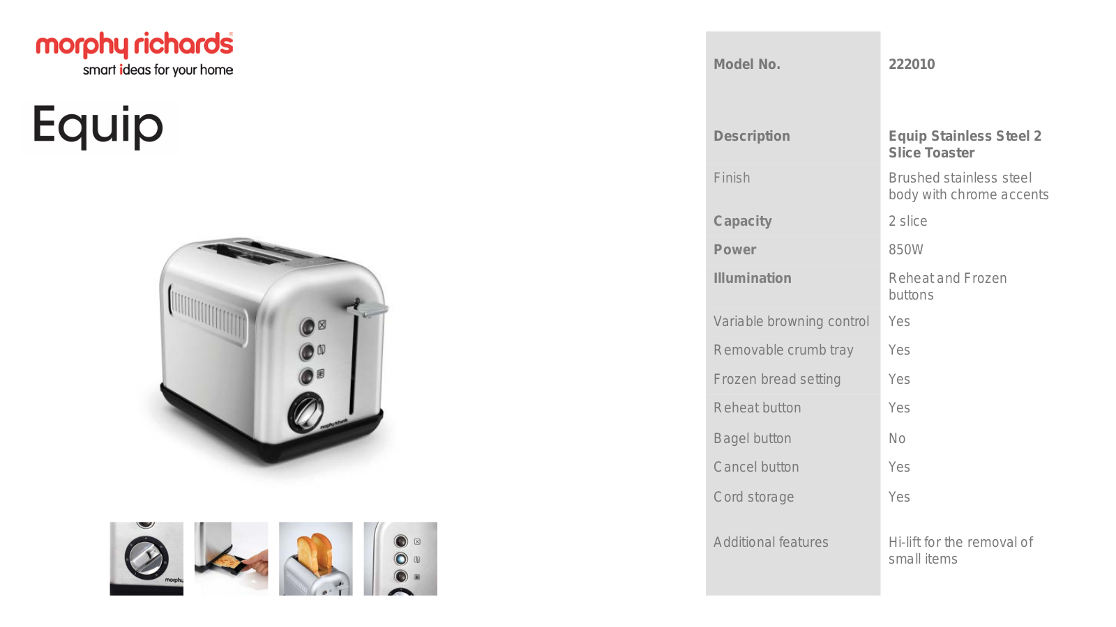 Morphy Richards 102777222010 Specifications Sheet