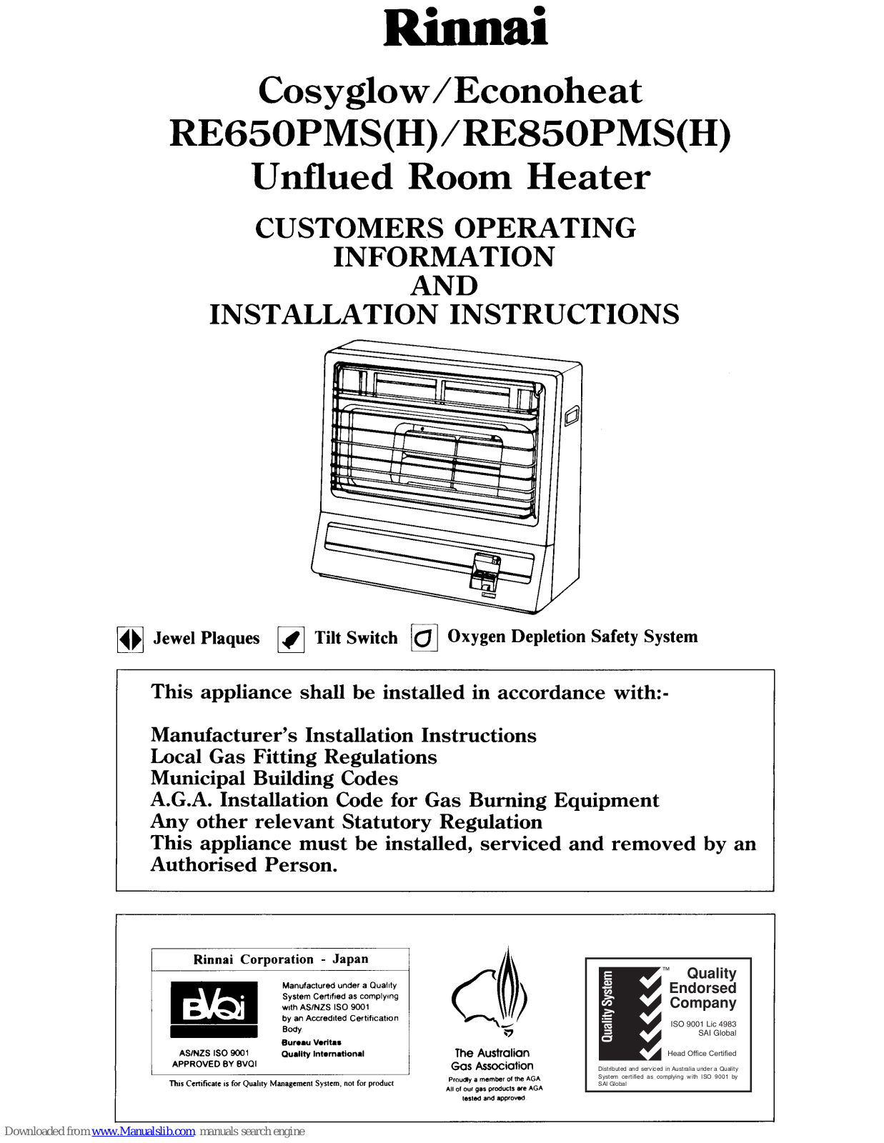 Rinnai RE650PMS(H), RE850PMS(H), RE650PMS, RE650PMH, RE850PMS Operating Information And Installation Instructions