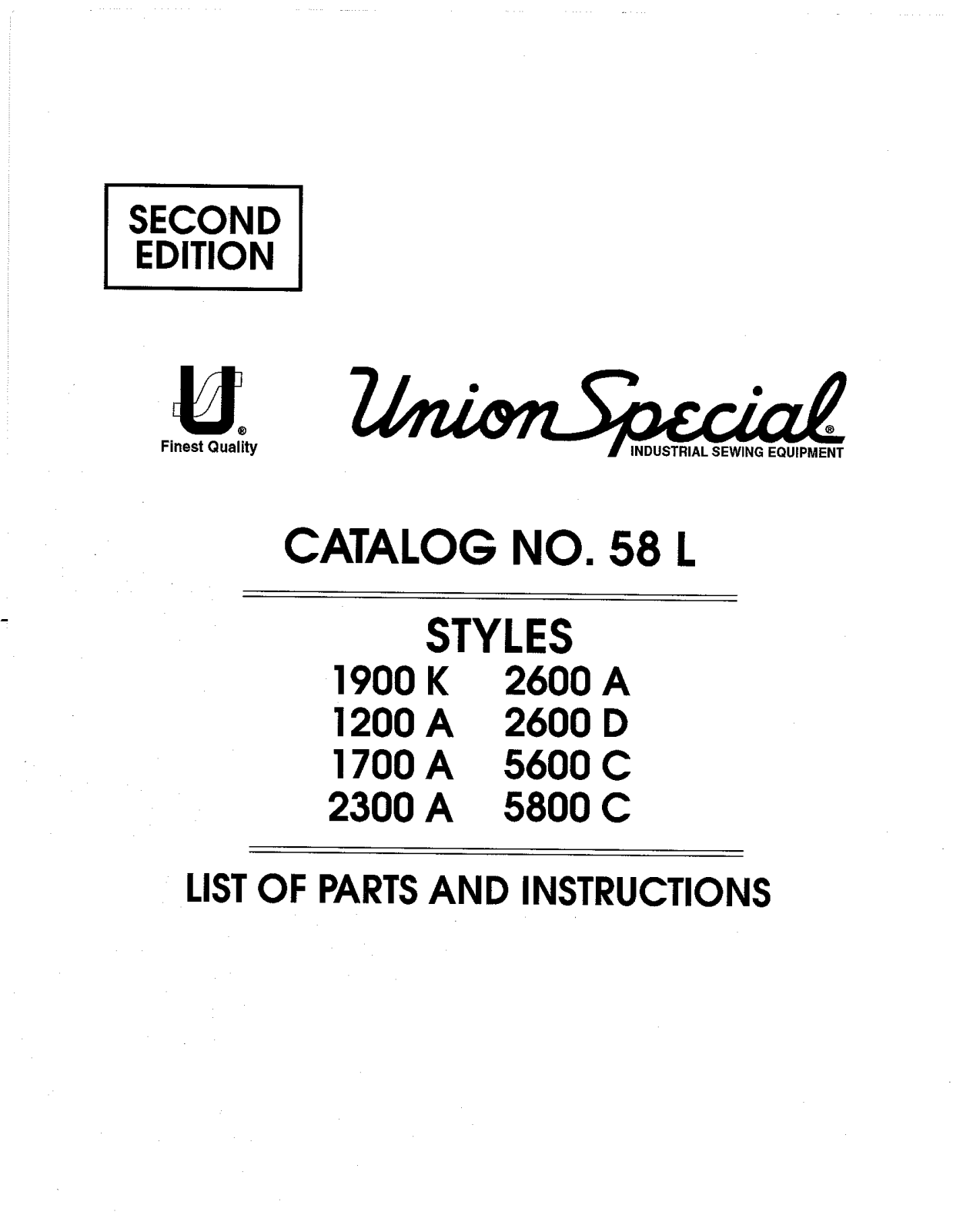 Union Special 1200A, 1700A, 1900K, 2300A, 2600A Parts List