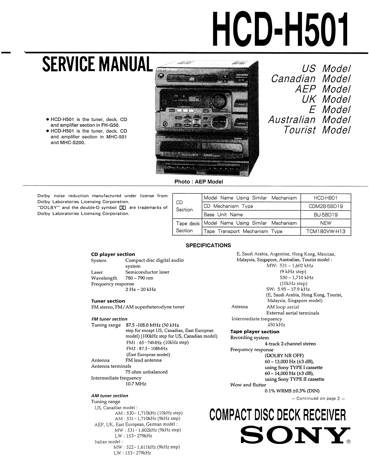 Sony HCD H501 Service Manual