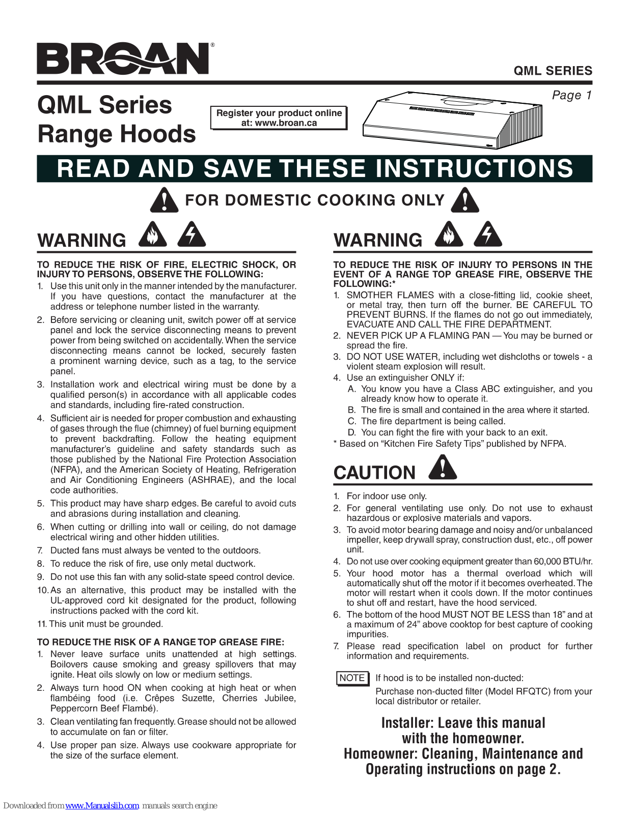 Broan QML Series Instructions Manual