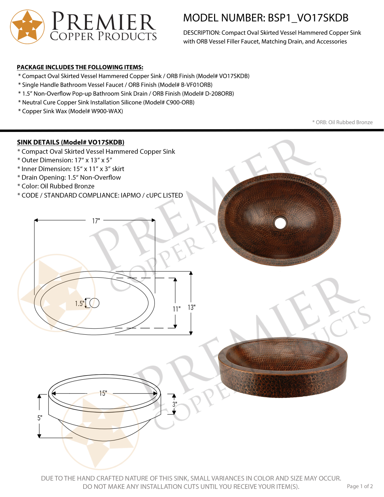 Premier Copper Products IER1437 Specifications - ManualMachine.com