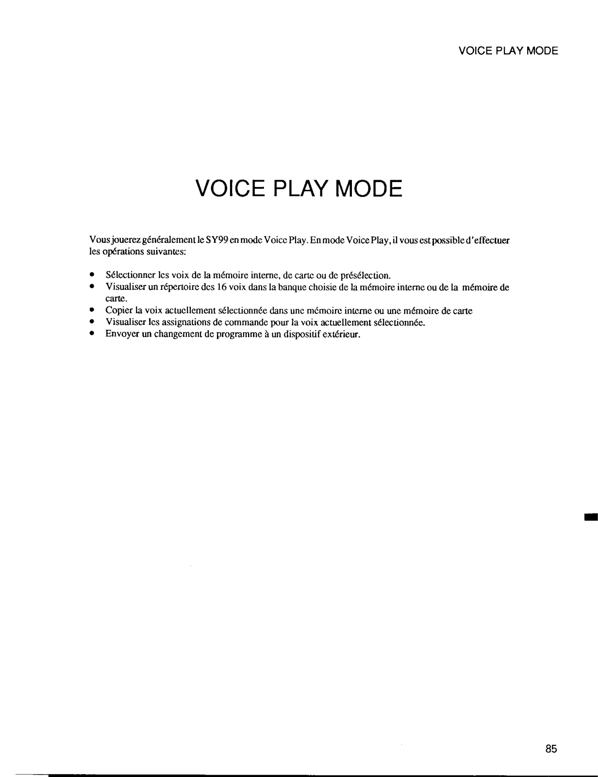 Yamaha SY99 Voice play mode Manual