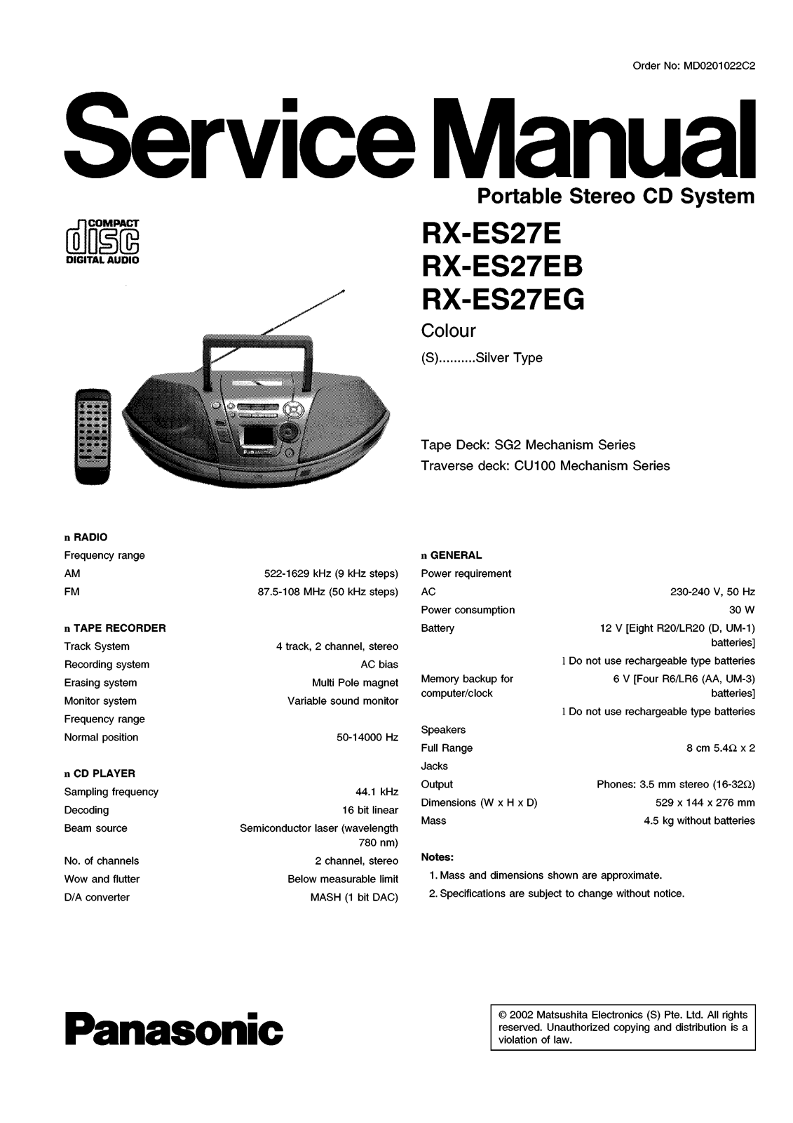 Panasonic RXES-27-E Service manual