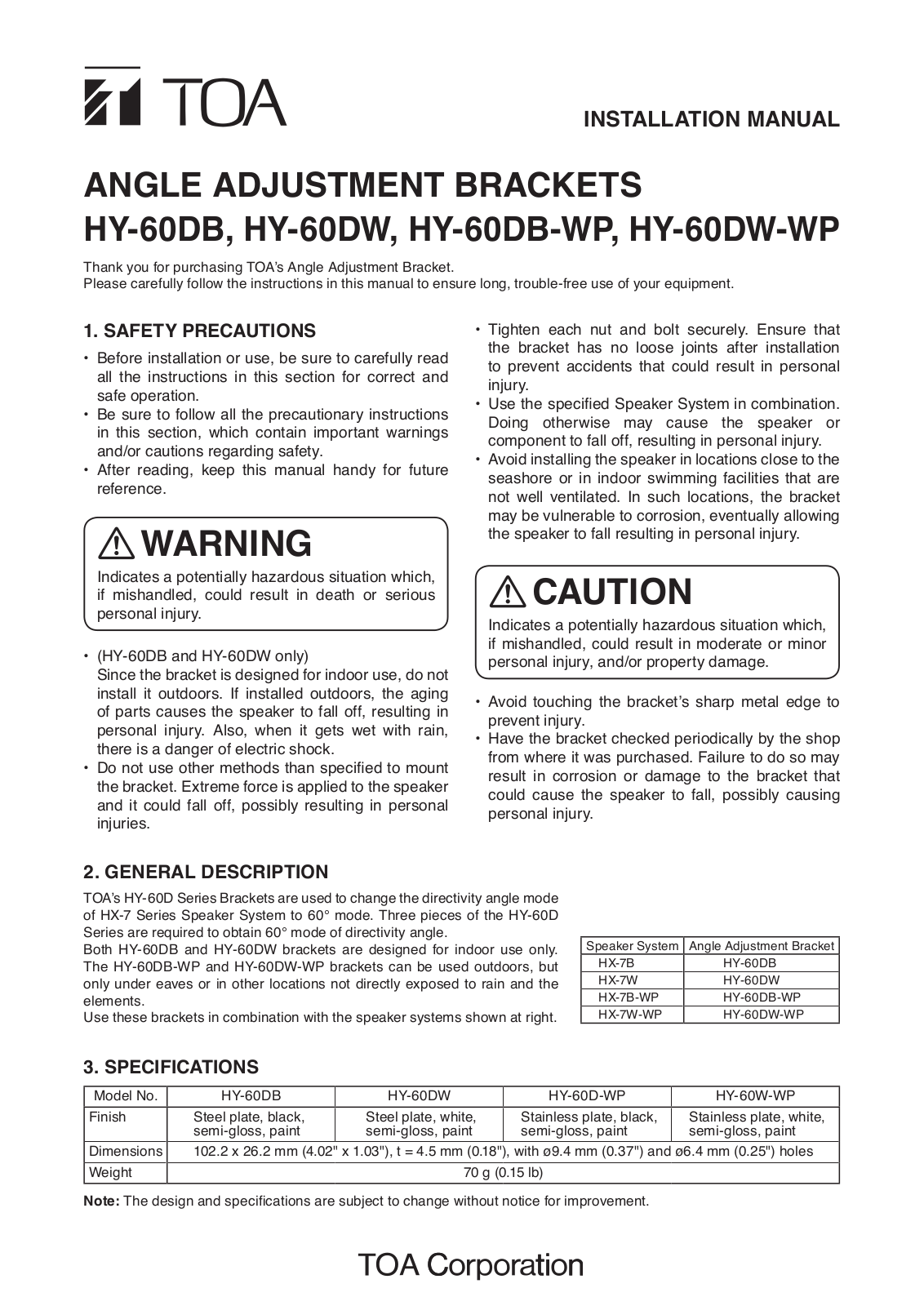 Toa HY-60DW-WP User Manual