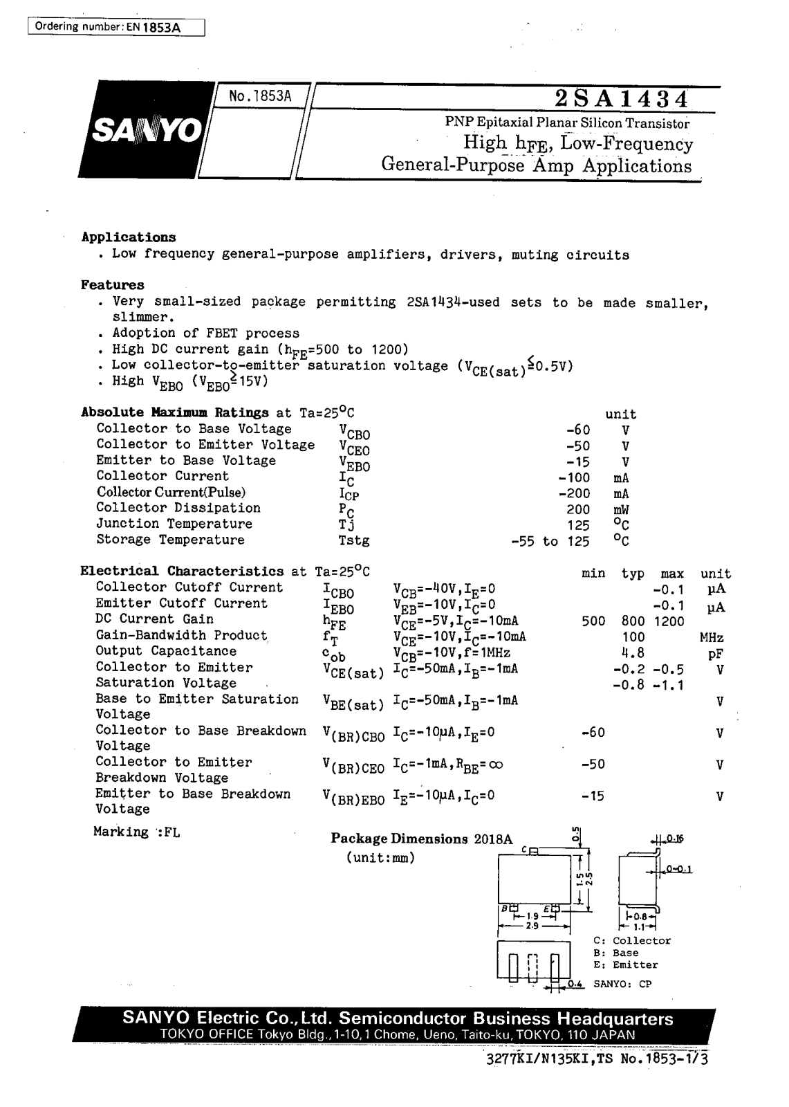 SANYO 2SA1434 Datasheet