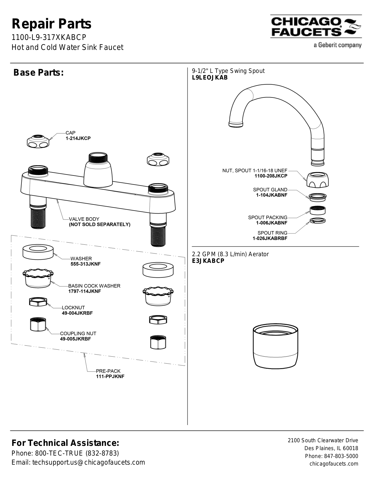 Chicago Faucet 1100-L9-317XKAB Parts List