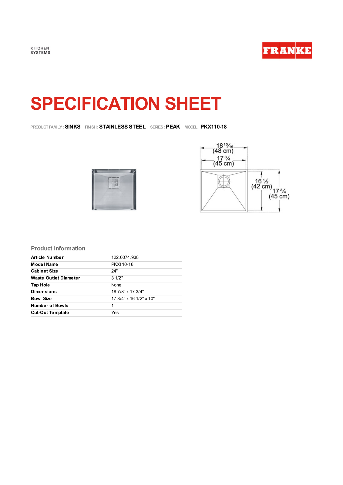 Franke Foodservice PKX110-18 User Manual