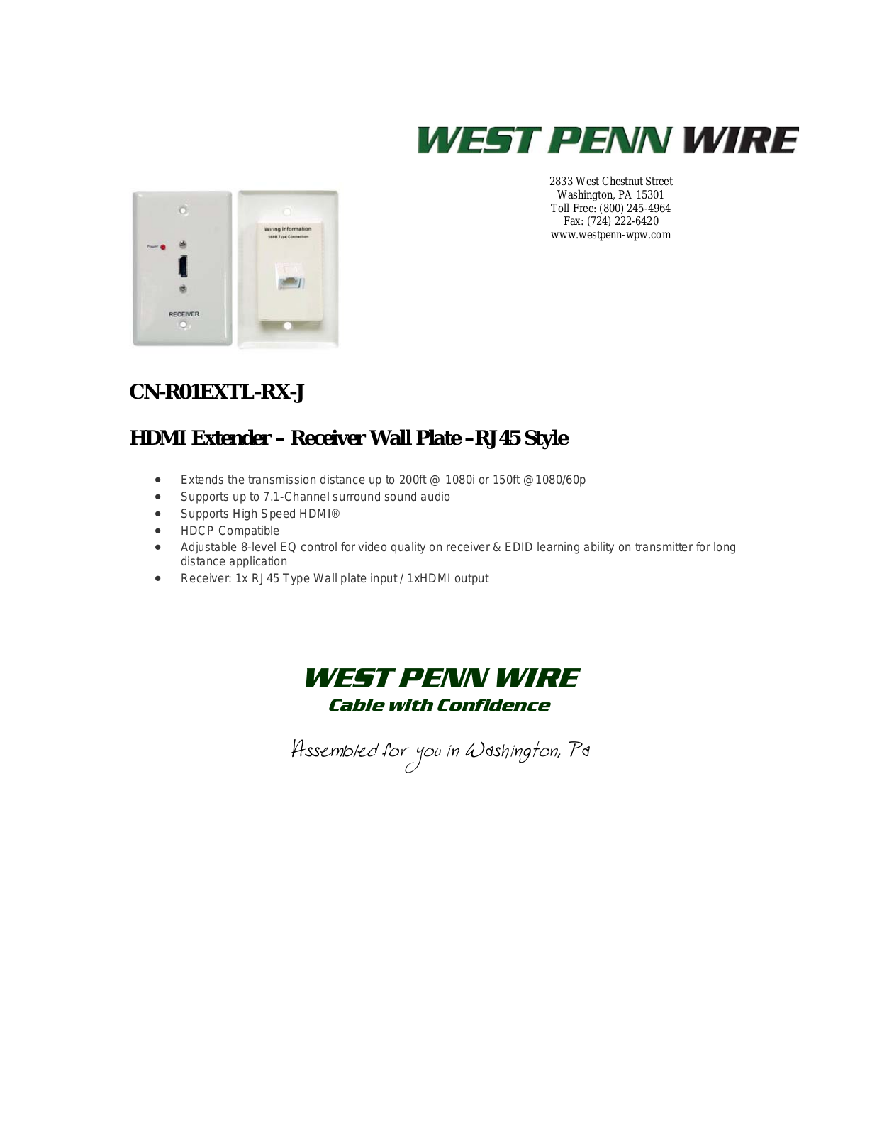 West Penn CN-R01EXTL-RX-J Specsheet