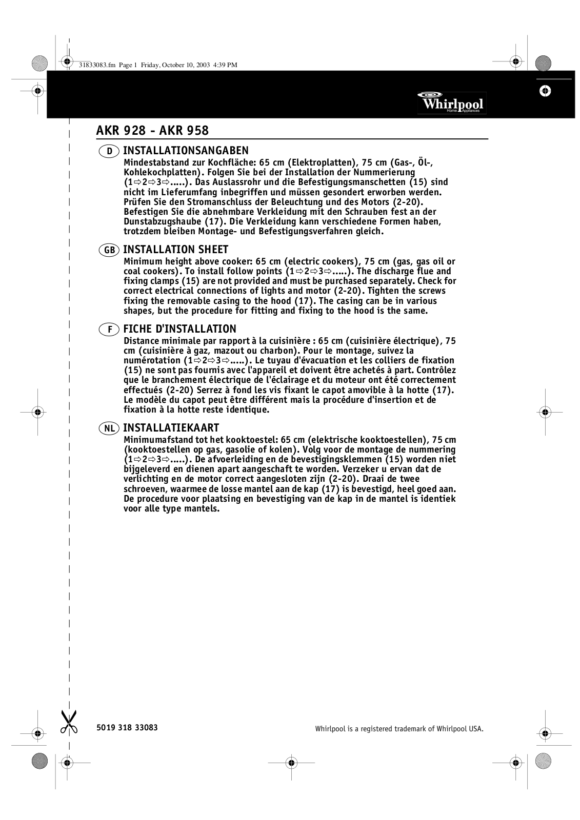 Whirlpool AKR 958 TI WP INSTRUCTION FOR USE