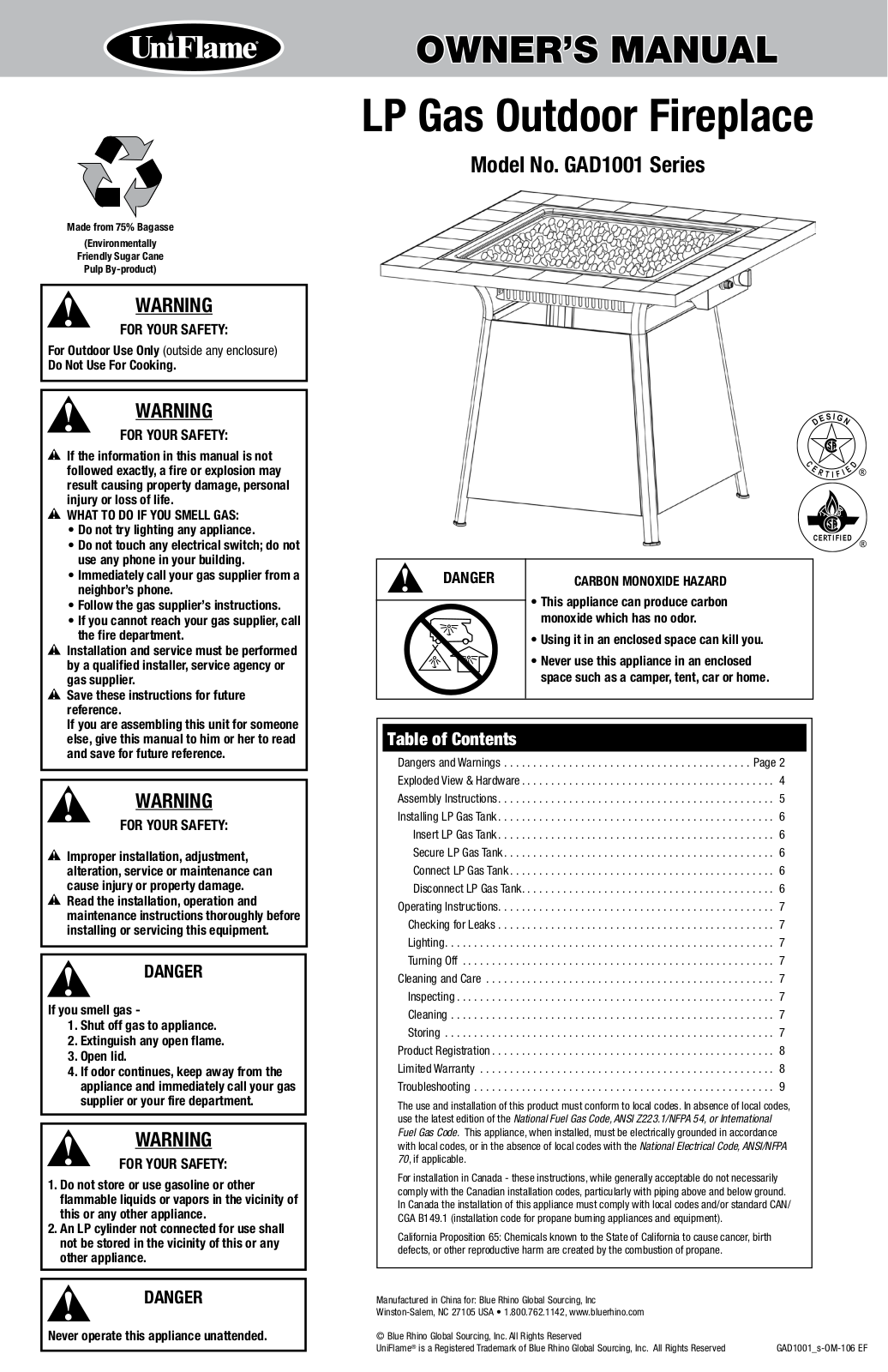 Uniflame GAD1001 Series Owner's Manual