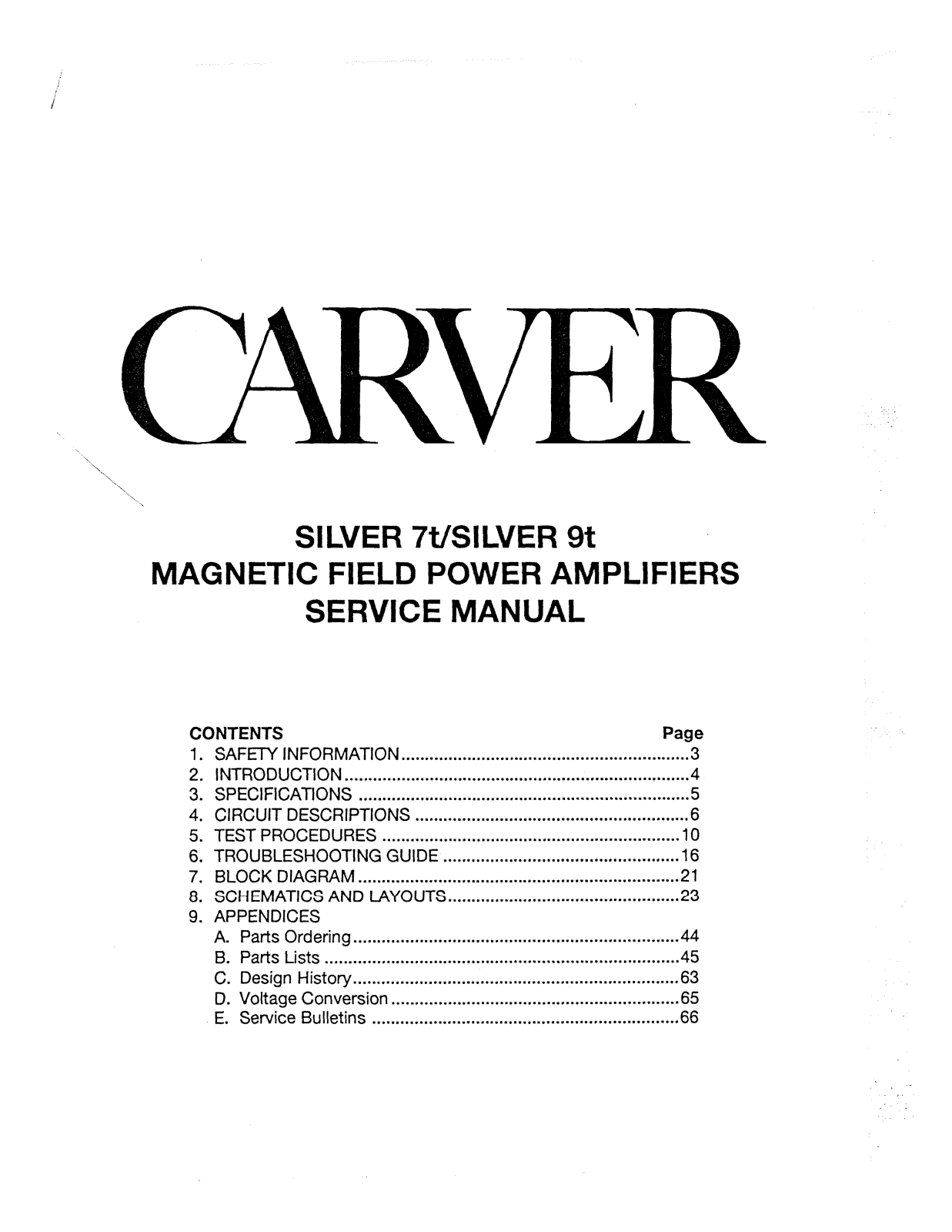 Carver Silver 7-T, Silver 9-T Service manual