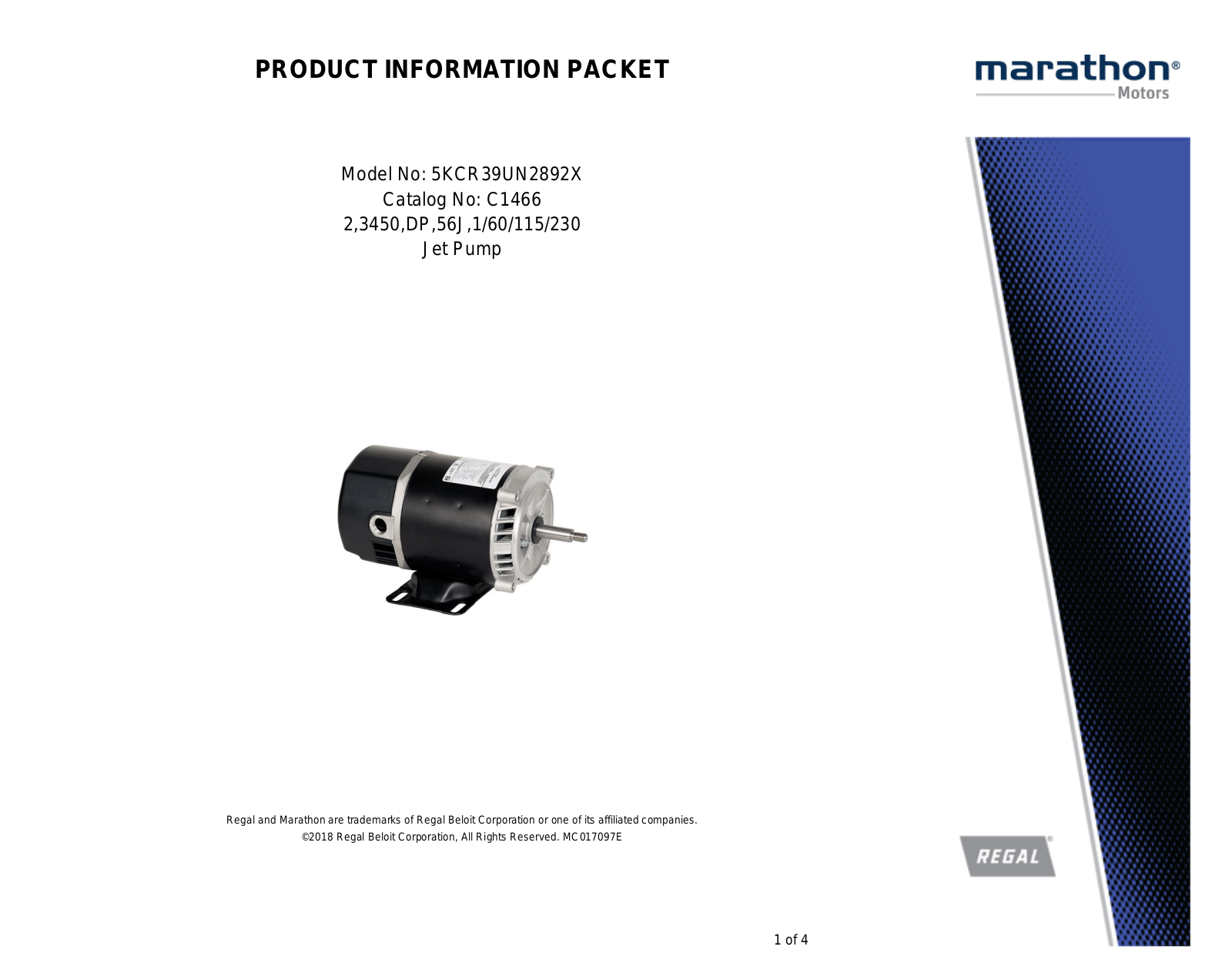 Marathon Electric 5KCR39UN2892X Product Information Packet