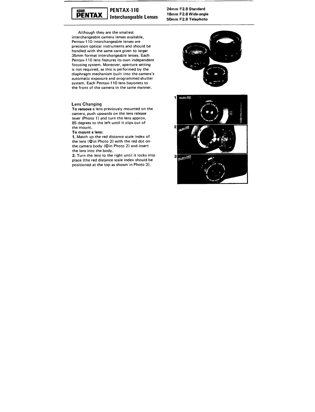 Pentax 110 INTERCHANGEABLE LENSES Specifications