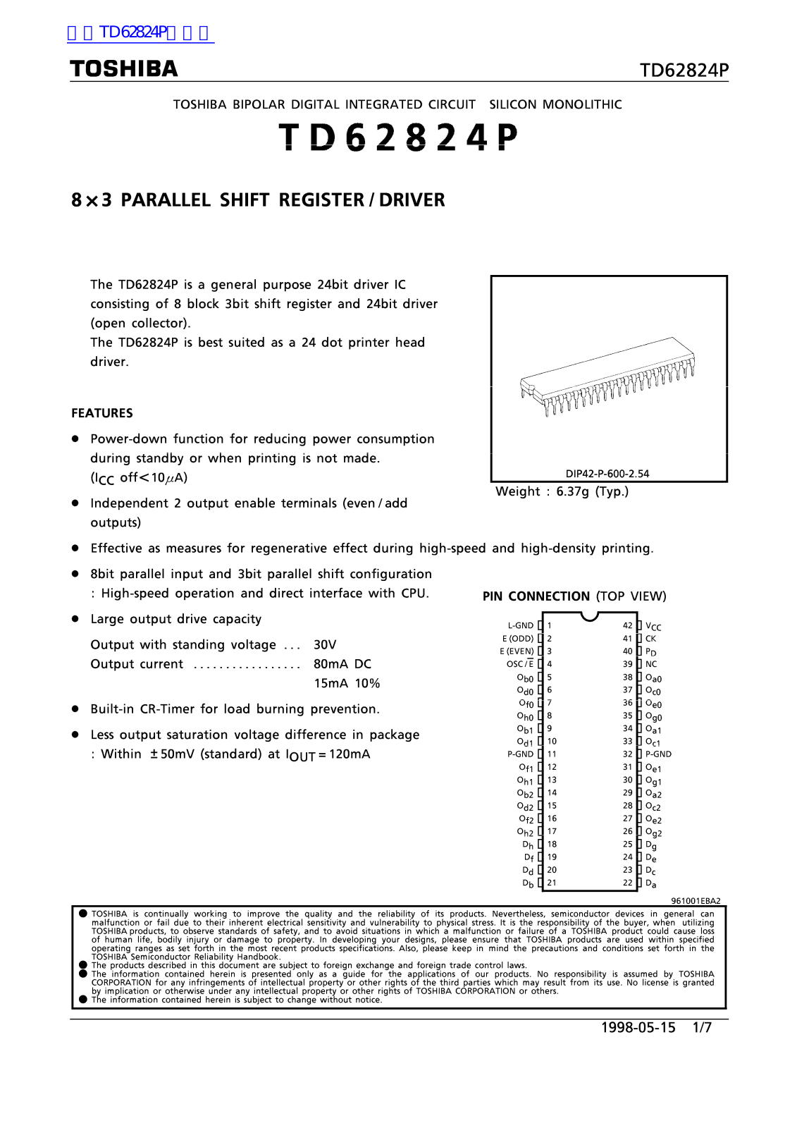 TOSHIBA TD62824P Technical data