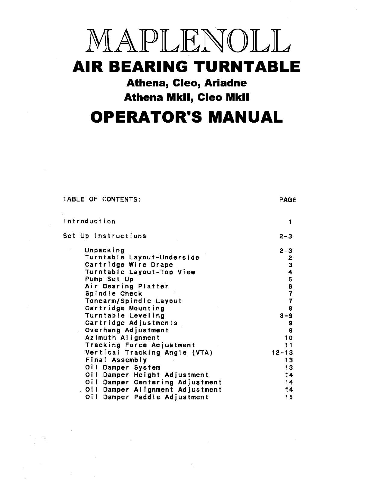 Maplenoll Electronic Ariadne, Athena, Athena Mk2, Cleo, Cleo Mk2 Owners manual