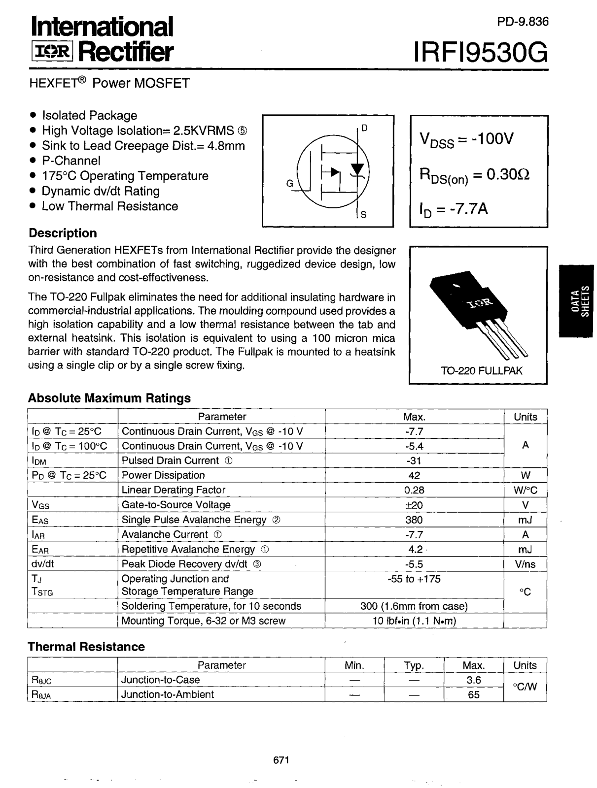 International Rectifier IRFI9530G Datasheet