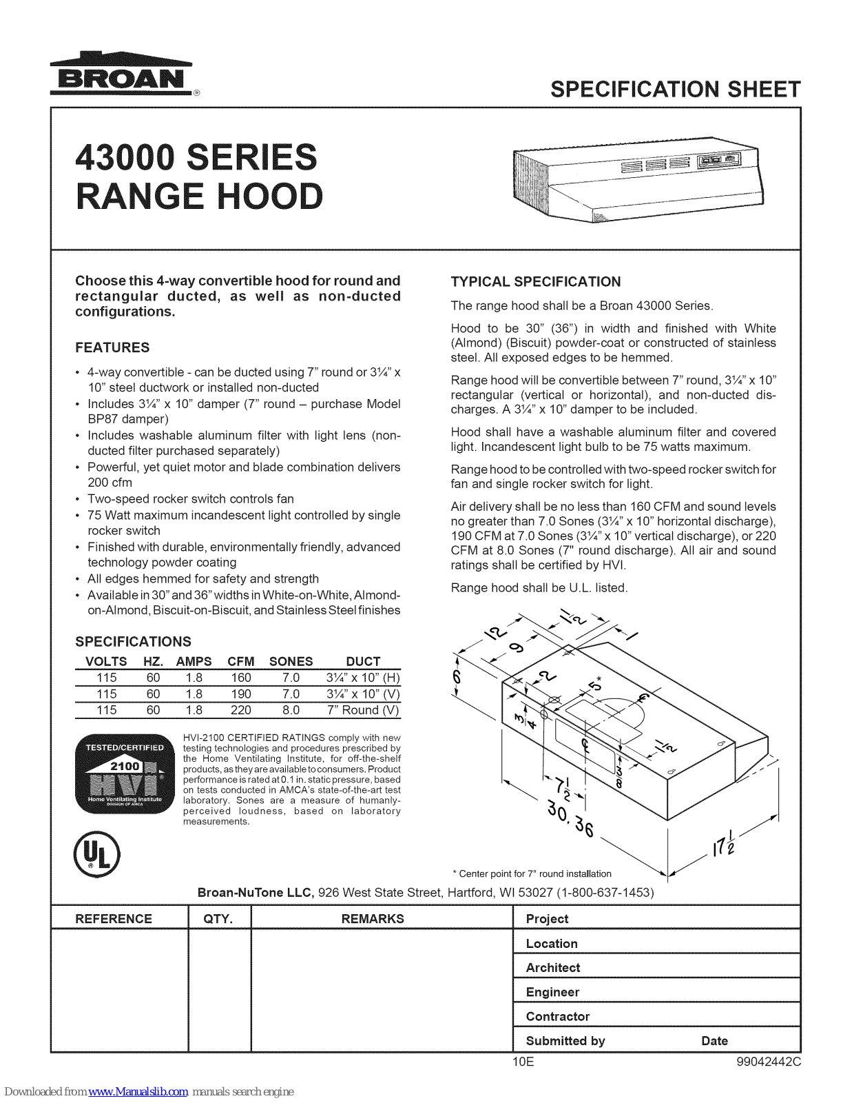 Broan 43000 SERIES Specification Sheet - ManualMachine.com