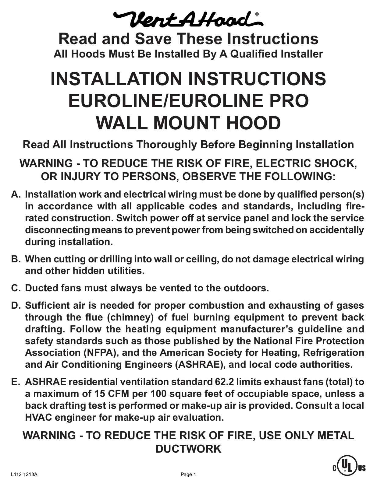 Vent-A-Hood SLDH14148, SLDH14148SS Installation Manual