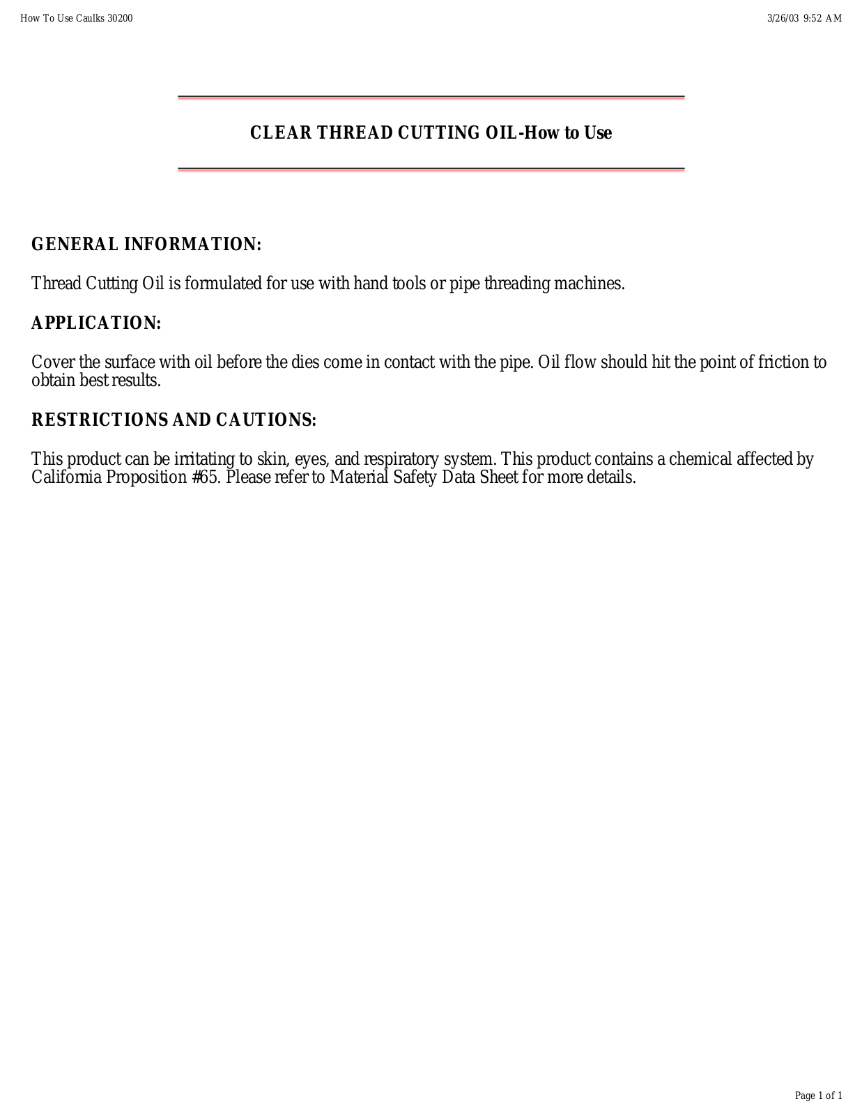 Oatey CLEAR THREAD CUTTING OIL User Manual