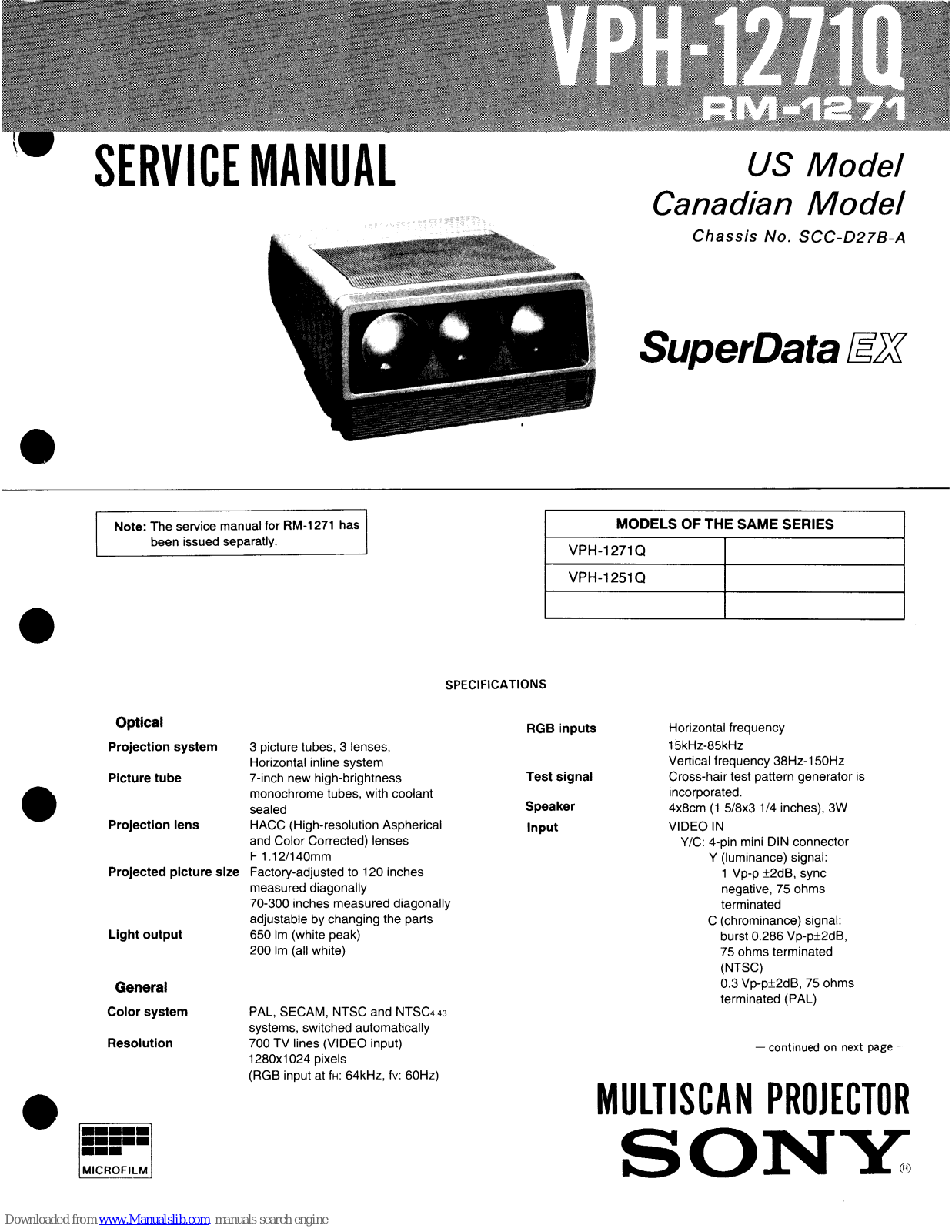 Sony RM-1271, VPH-1271Q Service Manual