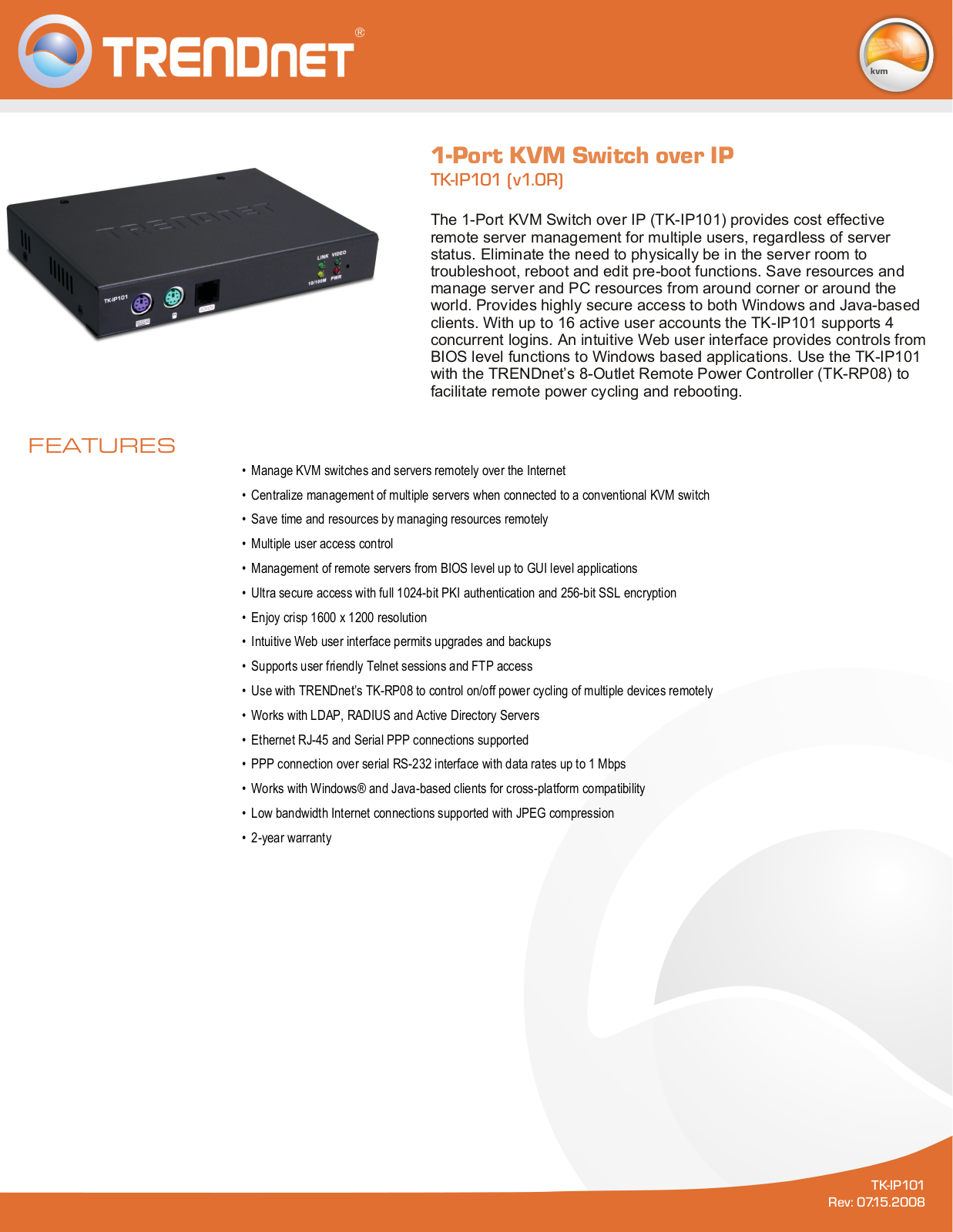 TRENDnet TK-IP101 Specsheet